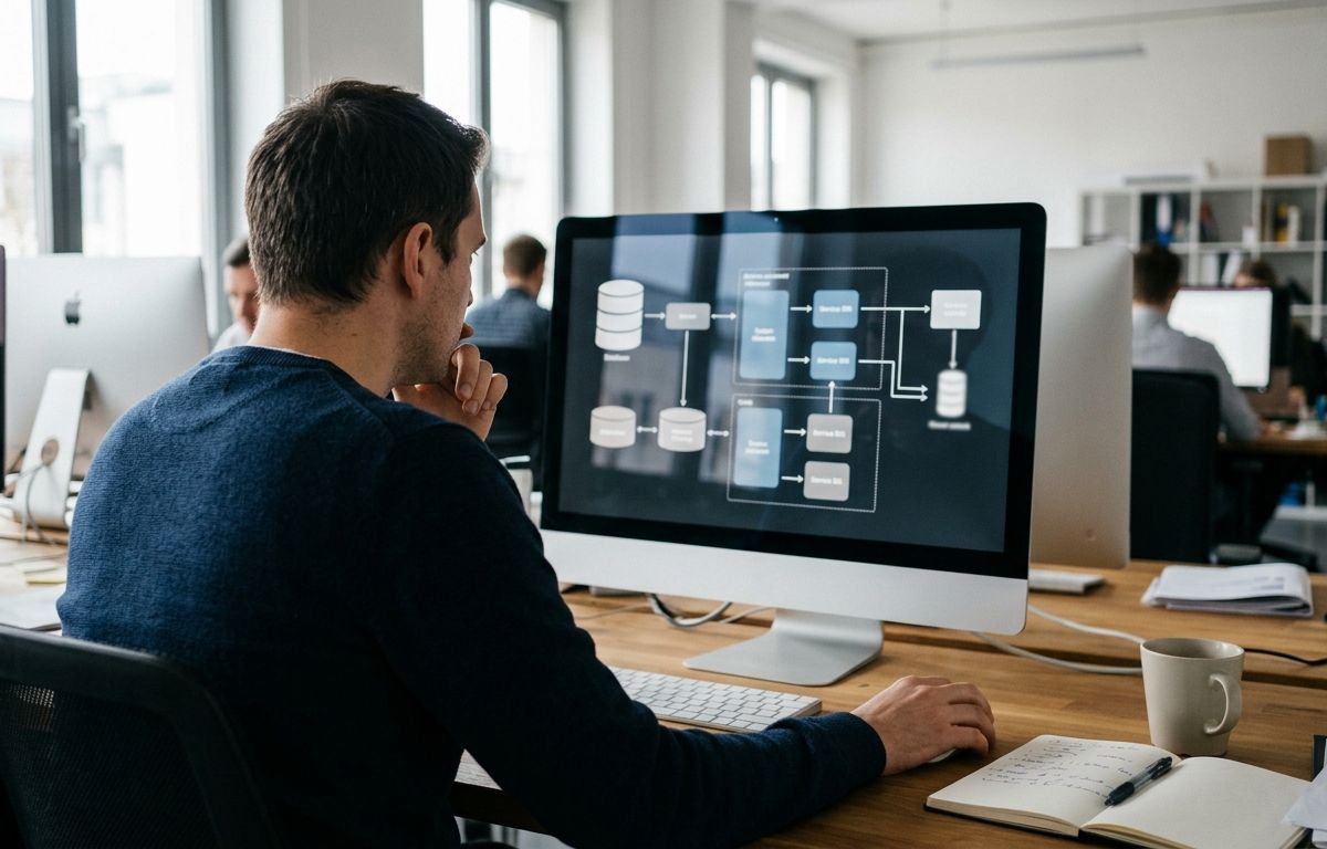 Profissional de tecnologia visto de perfil e costas diante de um monitor amplo que exibe diagramas complexos de arquitetura de sistemas em escritório iluminado