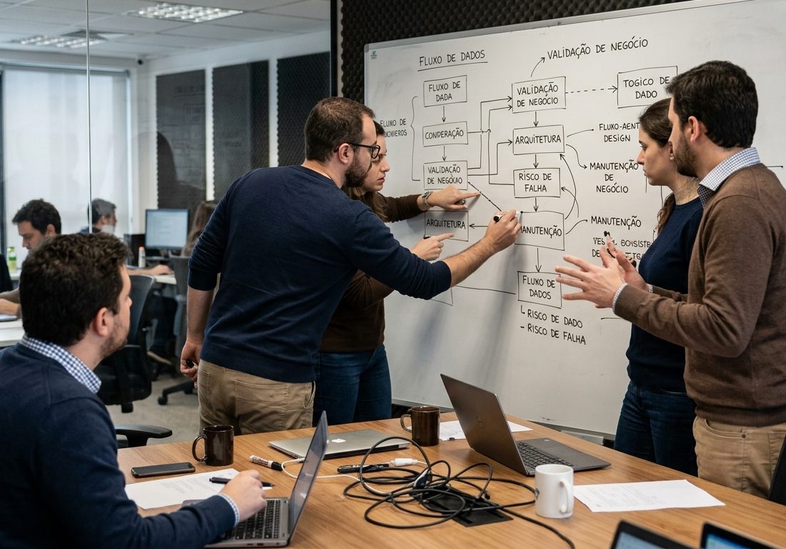 Equipe de tecnologia reunida diante de quadro branco preenchido com diagramas e esquemas de fluxo de software, em sala de reunião com iluminação natural