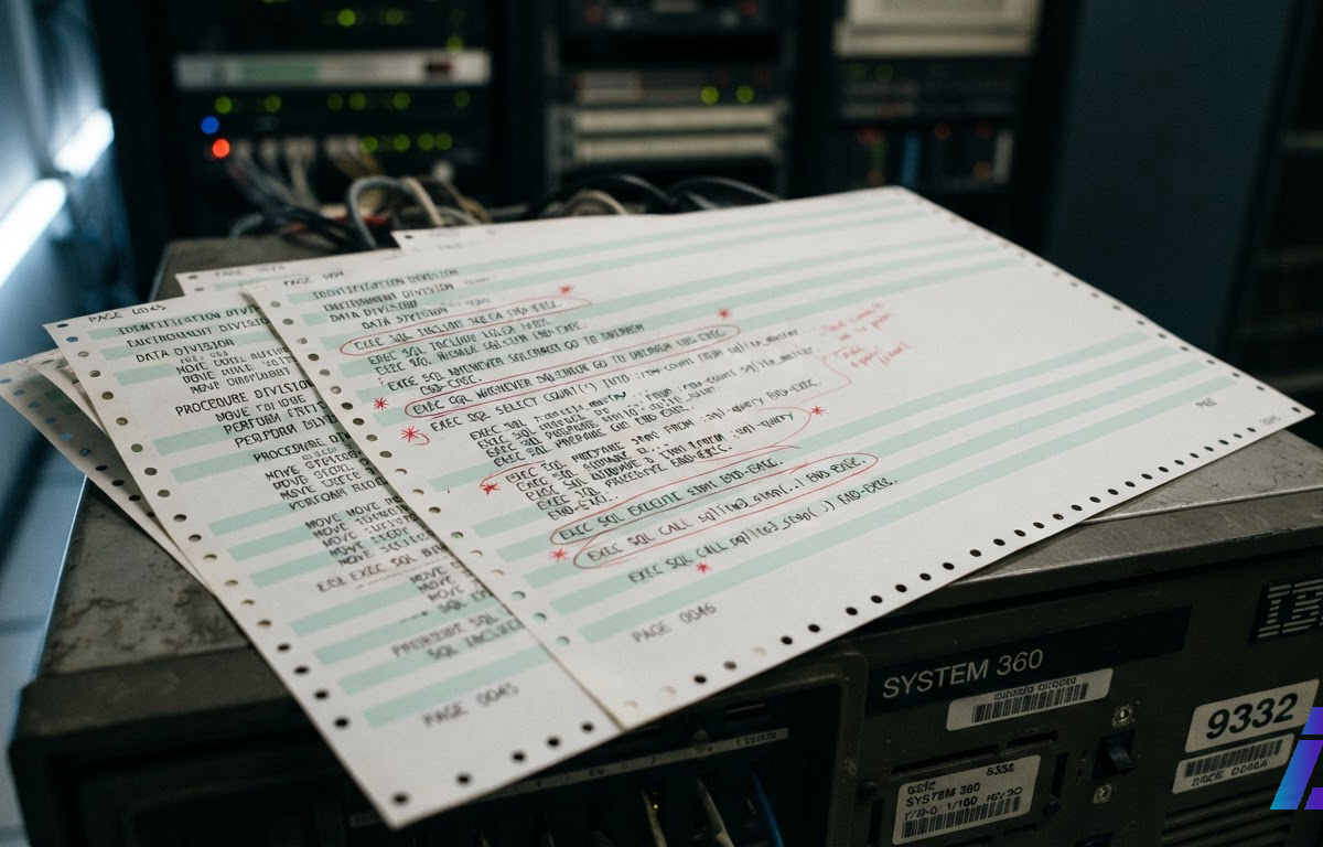 Listagem impressa de código COBOL em papel de formulário contínuo, com trechos marcados a caneta vermelha, apoiada sobre o gabinete de um mainframe sob luz lateral fria