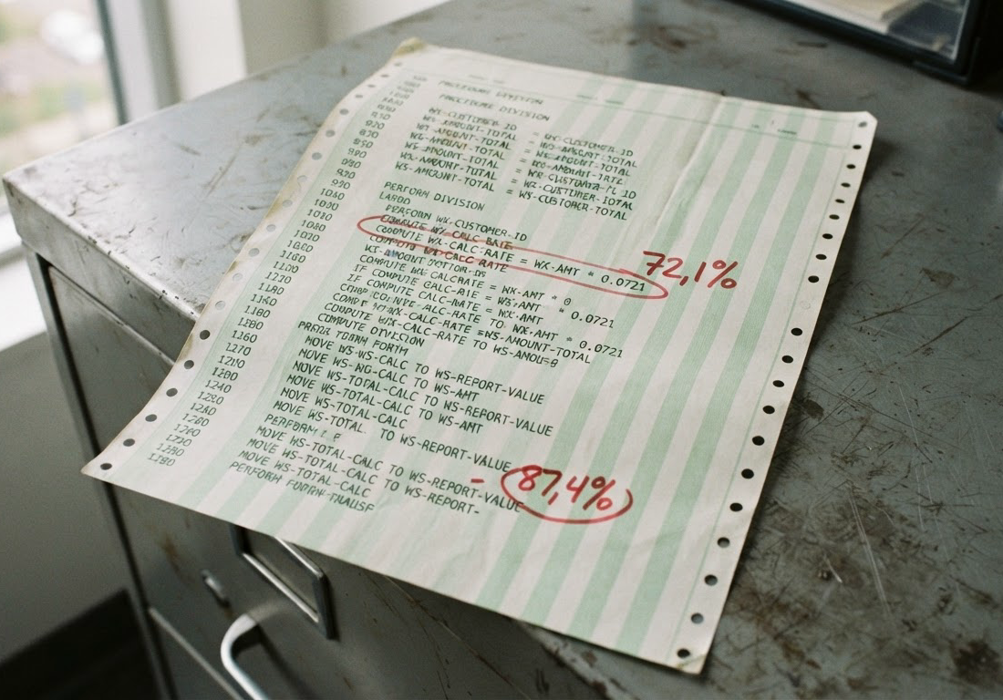 Listagem de código COBOL impressa em formulário contínuo, com anotações a caneta vermelha, apoiada sobre um arquivo de aço e iluminada pela luz lateral de uma janela