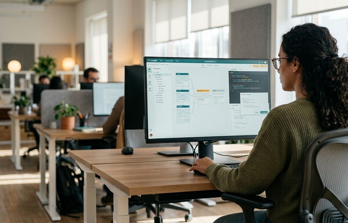 Profissional de costas em escritório iluminado observando monitor com linhas de código e interface visual de desenvolvimento de software