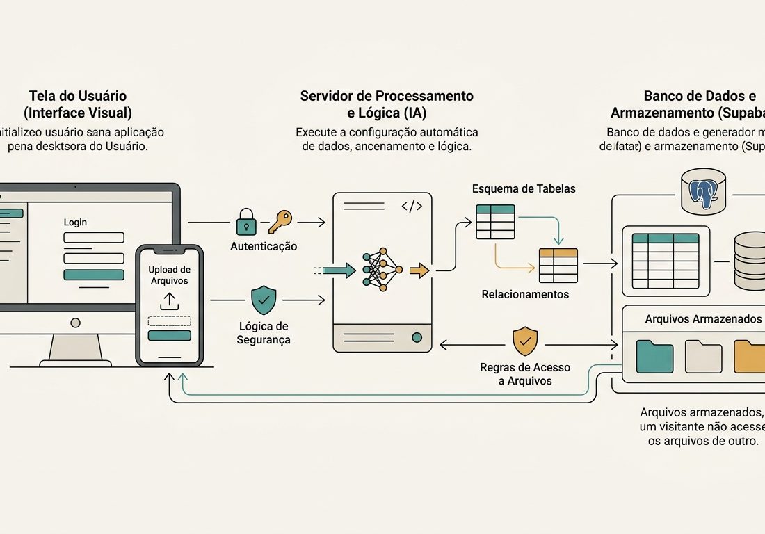 Diagrama esquemático horizontal sobre fundo claro com três blocos conectados por linhas pontilhadas, representando a interface do usuário, a camada de processamento e a estrutura de tabelas relacionais de um banco de dados em tons de azul-p