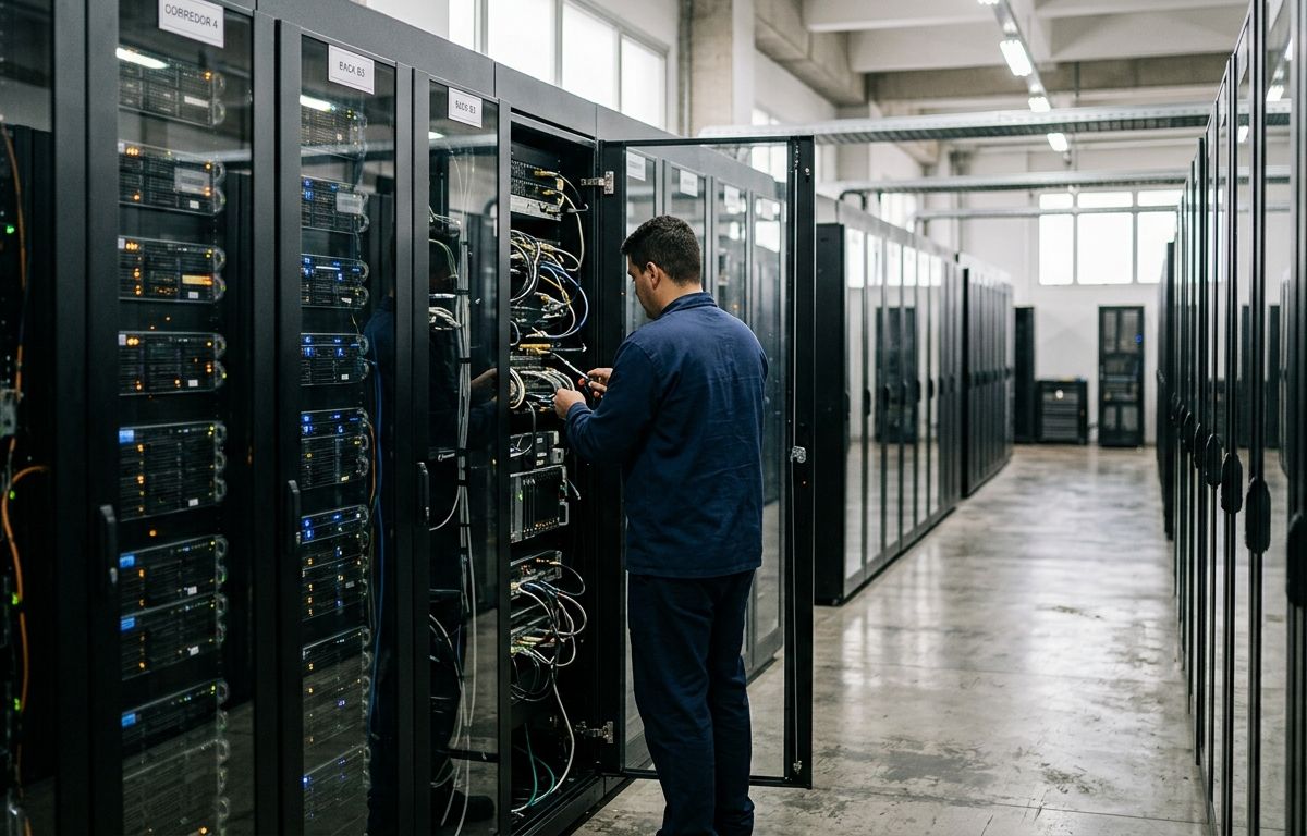 Fileira de racks de servidores modernos em corredor de data center corporativo, com acabamento metálico, cabeamento organizado e iluminação suave em tons de azul e âmbar.