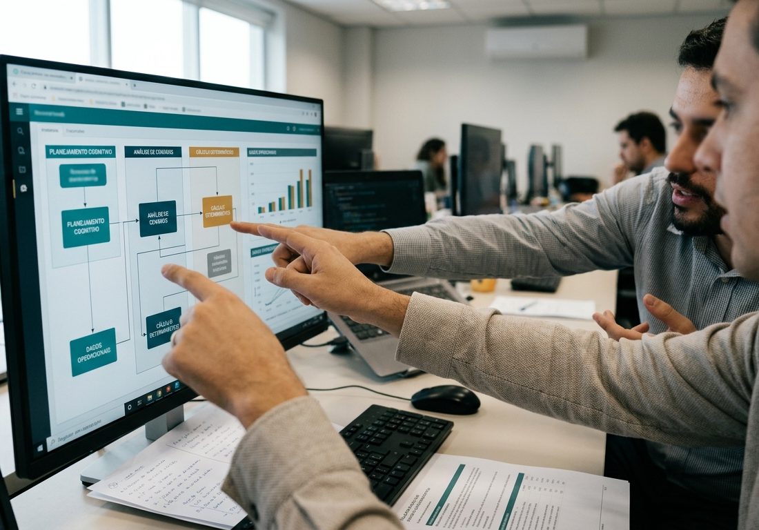 Dois profissionais em ambiente corporativo iluminado observam telas de computador com fluxos operacionais e tabelas abstratas desfocadas.