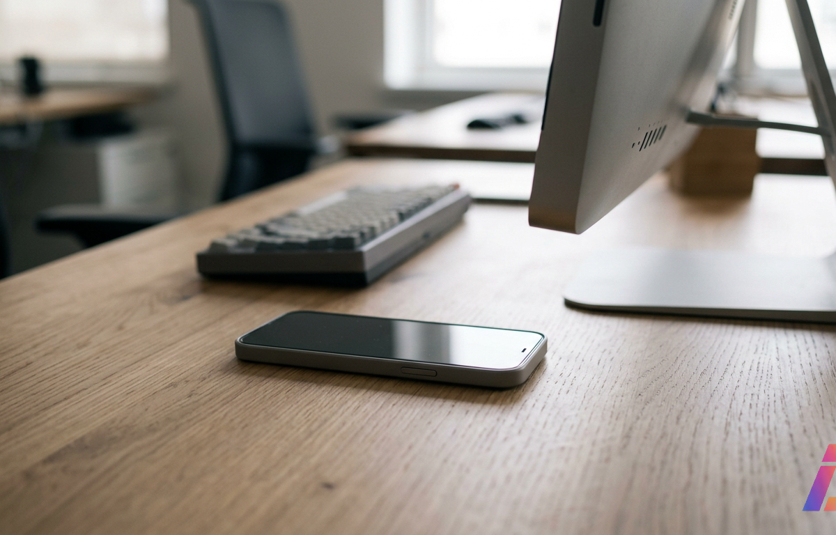 Smartphone com acabamento fosco repousado sobre mesa de madeira clara, posicionado ao lado da base metálica de um monitor de escritório em ambiente iluminado por luz natural.