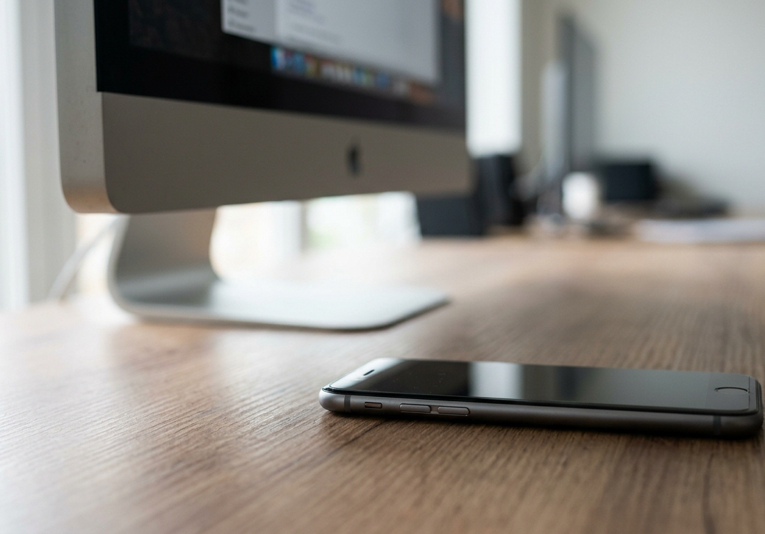 Smartphone com tela apagada repousado sobre mesa de madeira clara ao lado da base metálica de um monitor de computador em escritório iluminado.