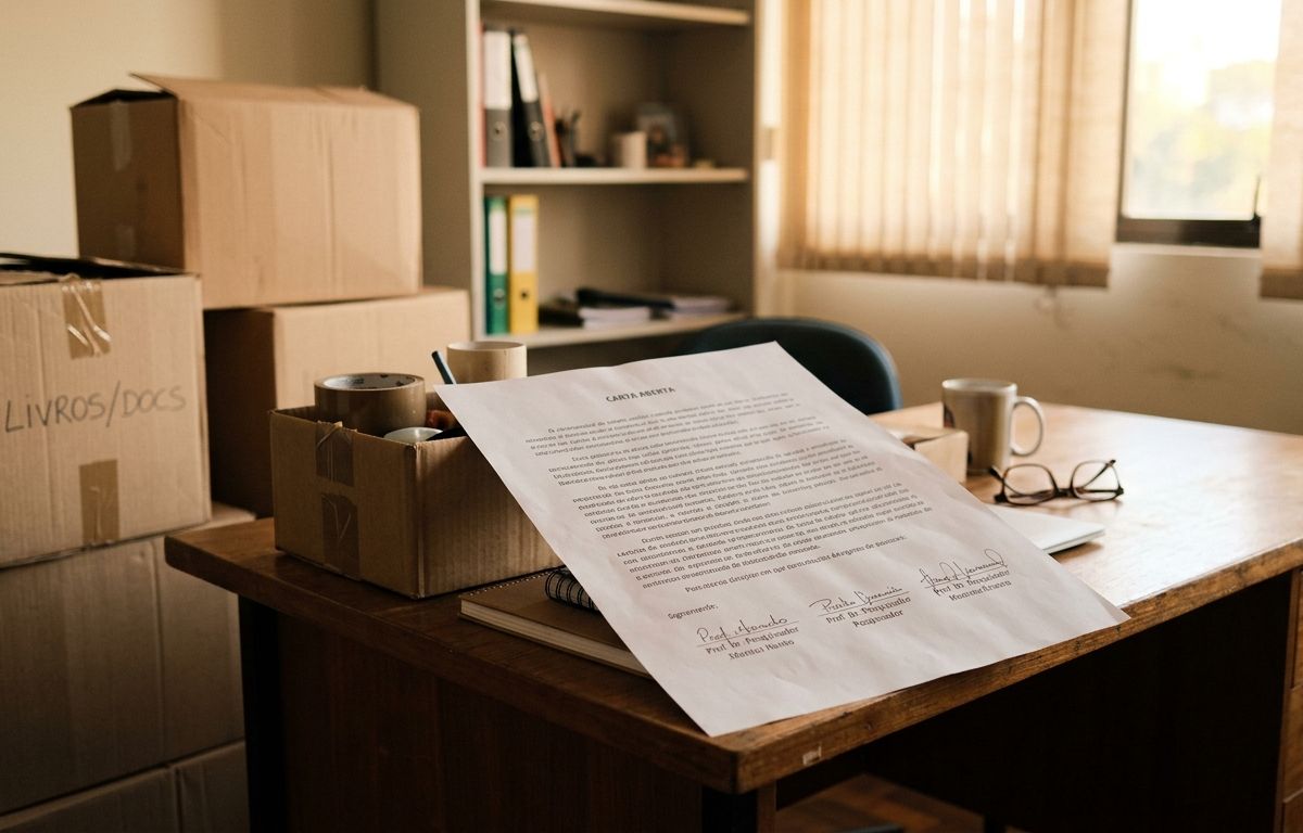 Carta aberta impressa e assinada sobre mesa de escritório ao lado de caixas de mudança, iluminada por luz suave de fim de tarde.