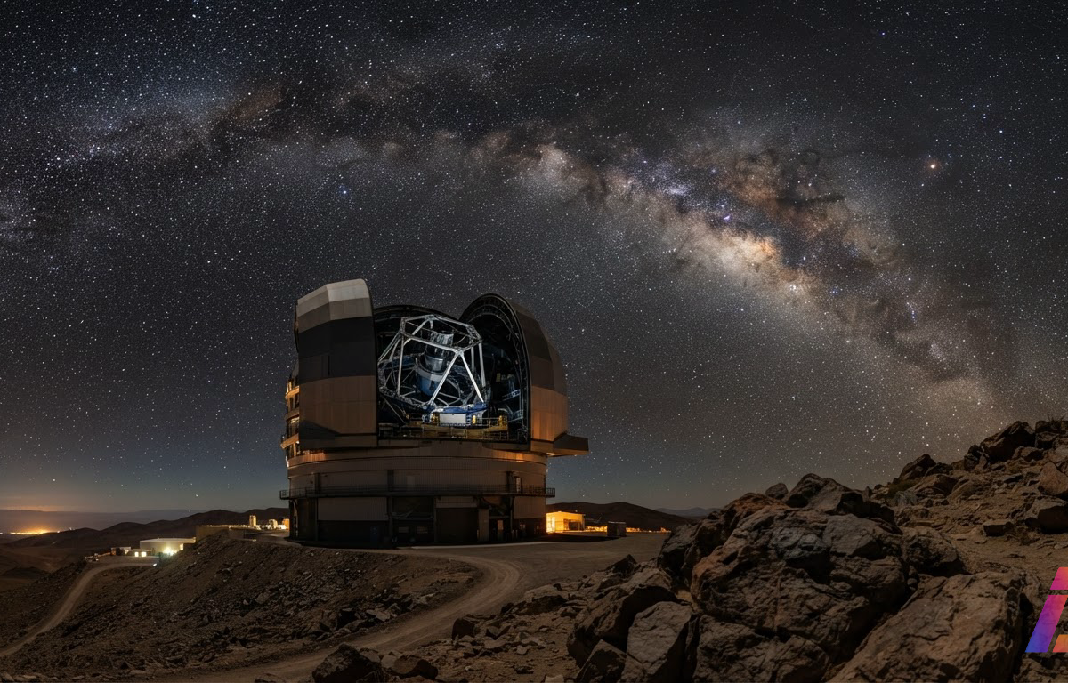 Cúpula do Observatório Vera C. Rubin aberta à noite no deserto chileno, com o telescópio LSSTCam apontado para um céu estrelado denso