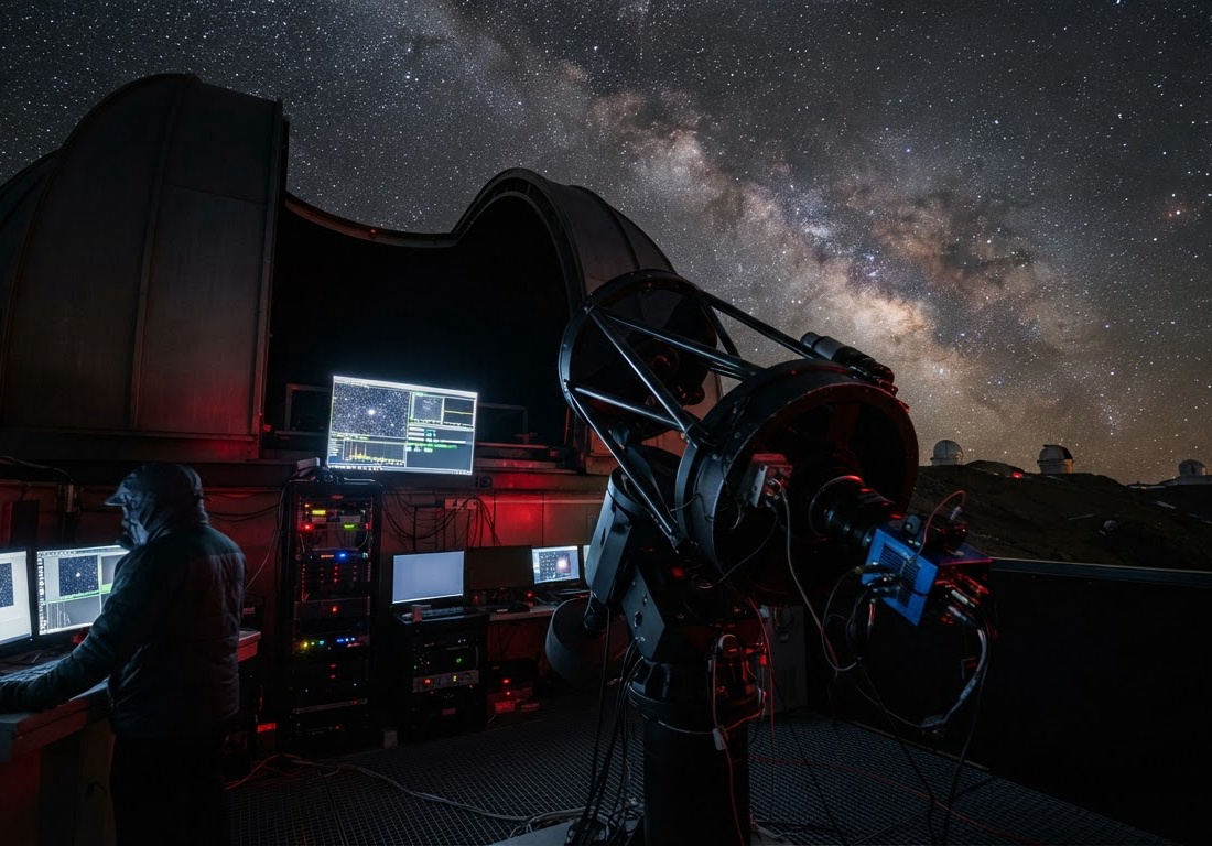 Cúpula de observatório aberta à noite revela telescópio apontado para céu estrelado, com detector científico registrando imagens astronômicas para processamento acelerado em GPU