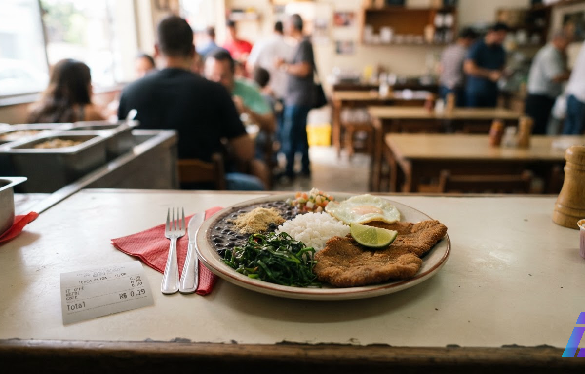 Prato feito com arroz, feijão, bife, salada e farofa servido sobre balcão de restaurante popular, ao lado de uma comanda impressa, sob luz natural do meio-dia