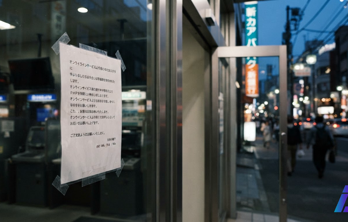 Folha de aviso impressa colada na porta de vidro de uma agência bancária em Tóquio ao entardecer, com o interior iluminado ao fundo e reflexos da rua no vidro