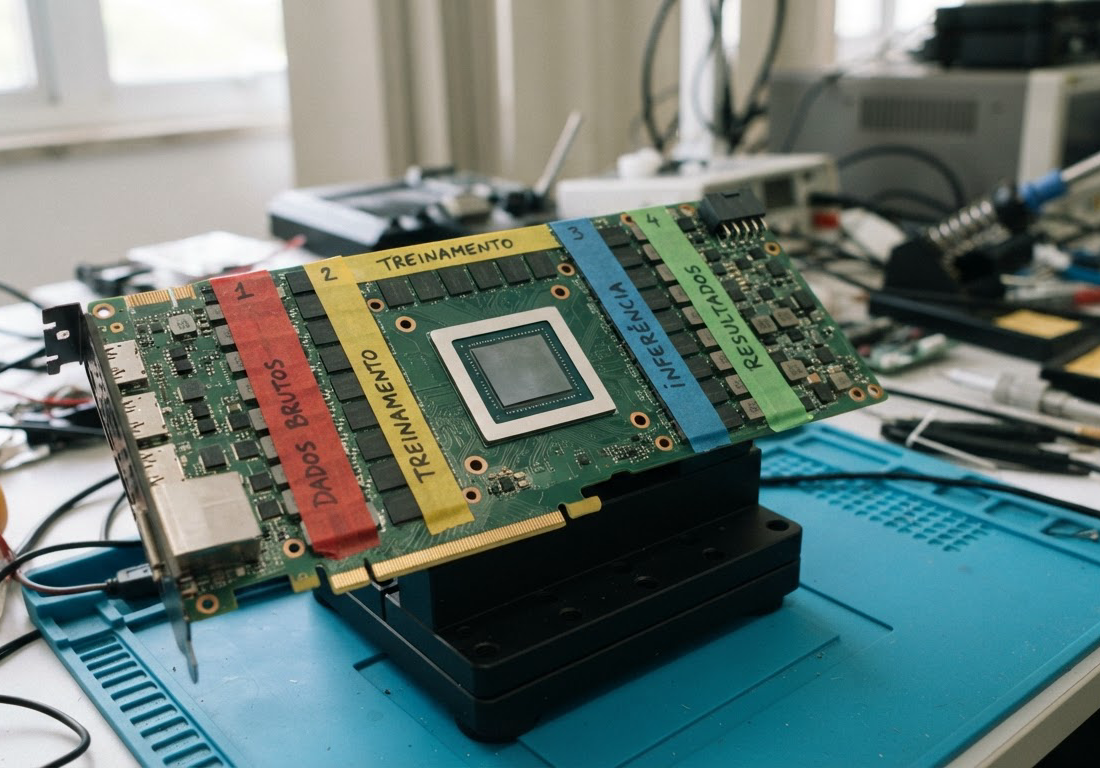 Placa de GPU de servidor sobre uma bancada, com os chips de memória separados por fitas coloridas em quatro faixas, sob luz lateral suave