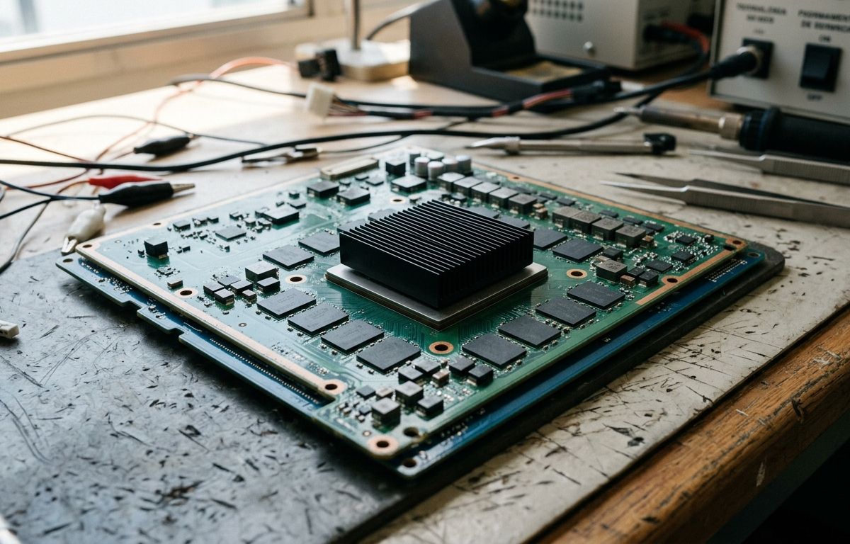 Placa de circuito e processador gráfico com dissipadores metálicos e módulos de memória expostos sobre uma bancada técnica clara.