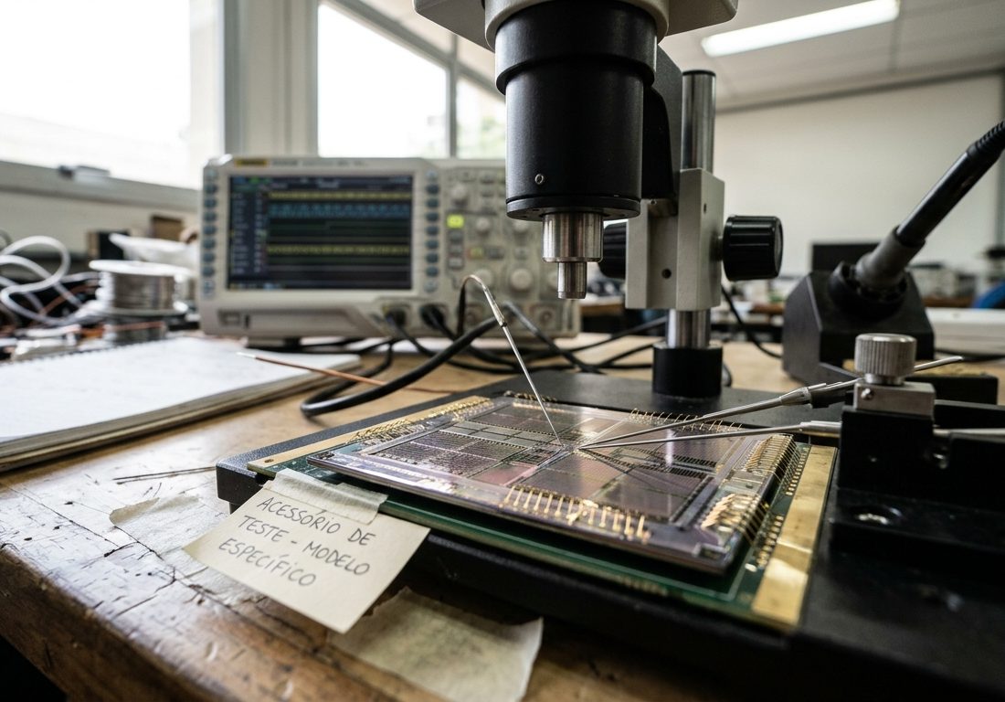 Plano detalhe de matriz de núcleos em um chip de silício exposto sob iluminação precisa de laboratório, destacando trilhas microscópicas e a arquitetura física do semicondutor.