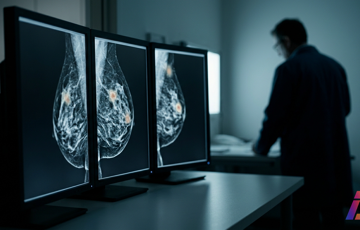 Estação de trabalho em sala de radiologia com três monitores verticais exibindo exames de tecido mamário com sobreposições térmicas, sob iluminação fria e silhueta ao fundo.