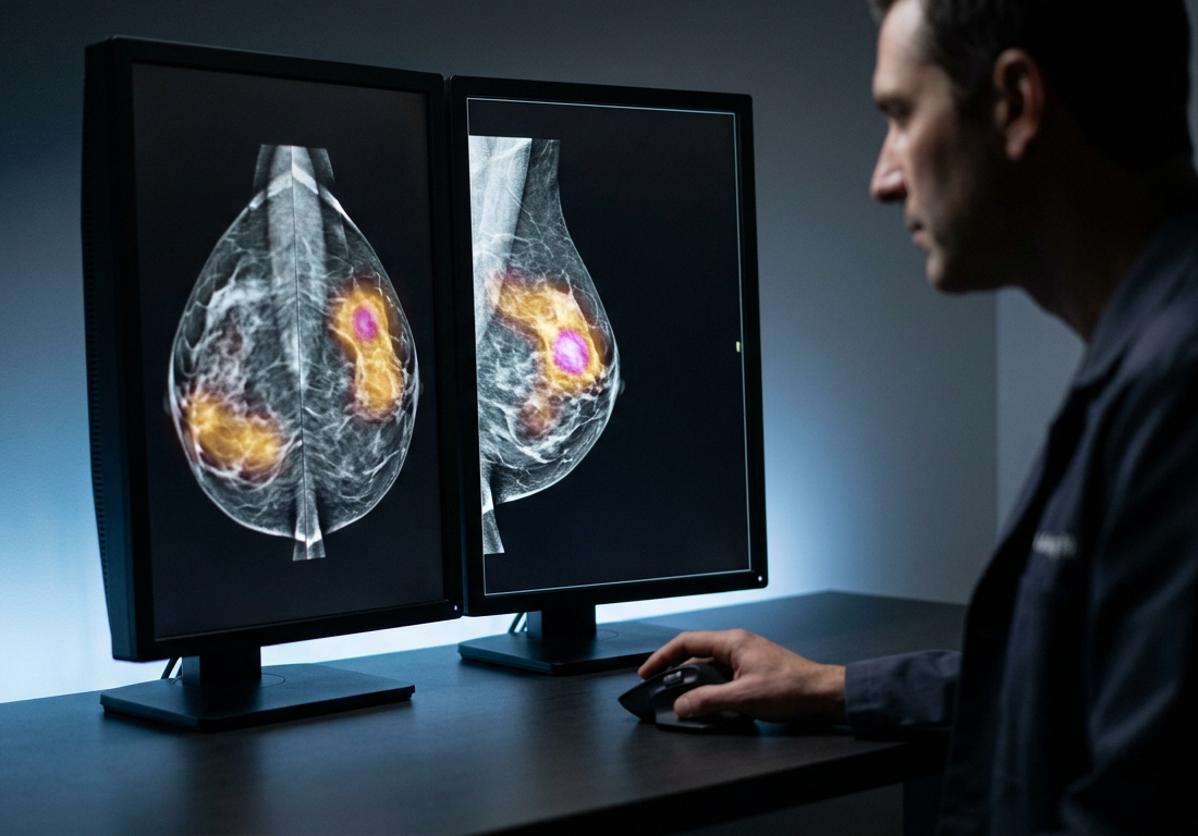 Monitores verticais de alta densidade exibindo exames radiológicos com sobreposição de mapas de calor coloridos em sala escura, observados por radiologista de perfil