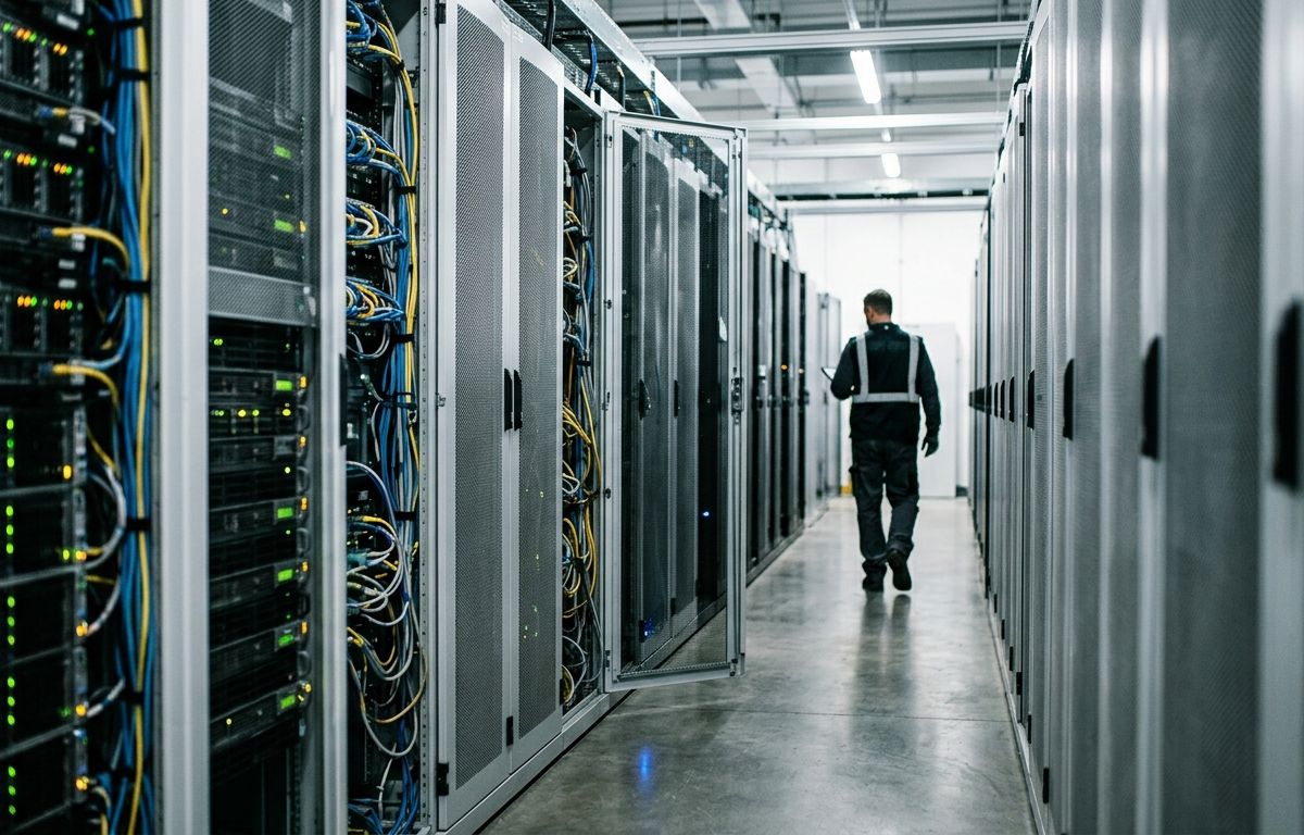 Corredor de centro de processamento de dados com fileiras de servidores de alta densidade e luzes operacionais em tons discretos refletidas no chão polido.