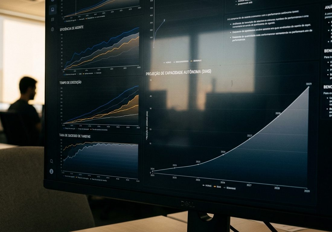 Monitor em ambiente de escritório exibindo curvas de métricas e diagramas abstratos de processamento de dados sobre fundo claro.