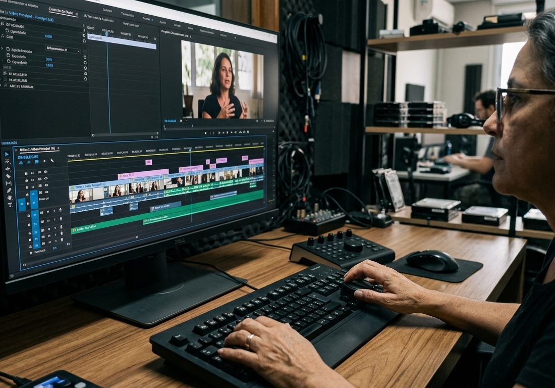 Mão de editor sobre mesa de trabalho ao lado de monitor exibindo faixas de linha do tempo e cortes de edição de vídeo em ambiente claro e iluminado