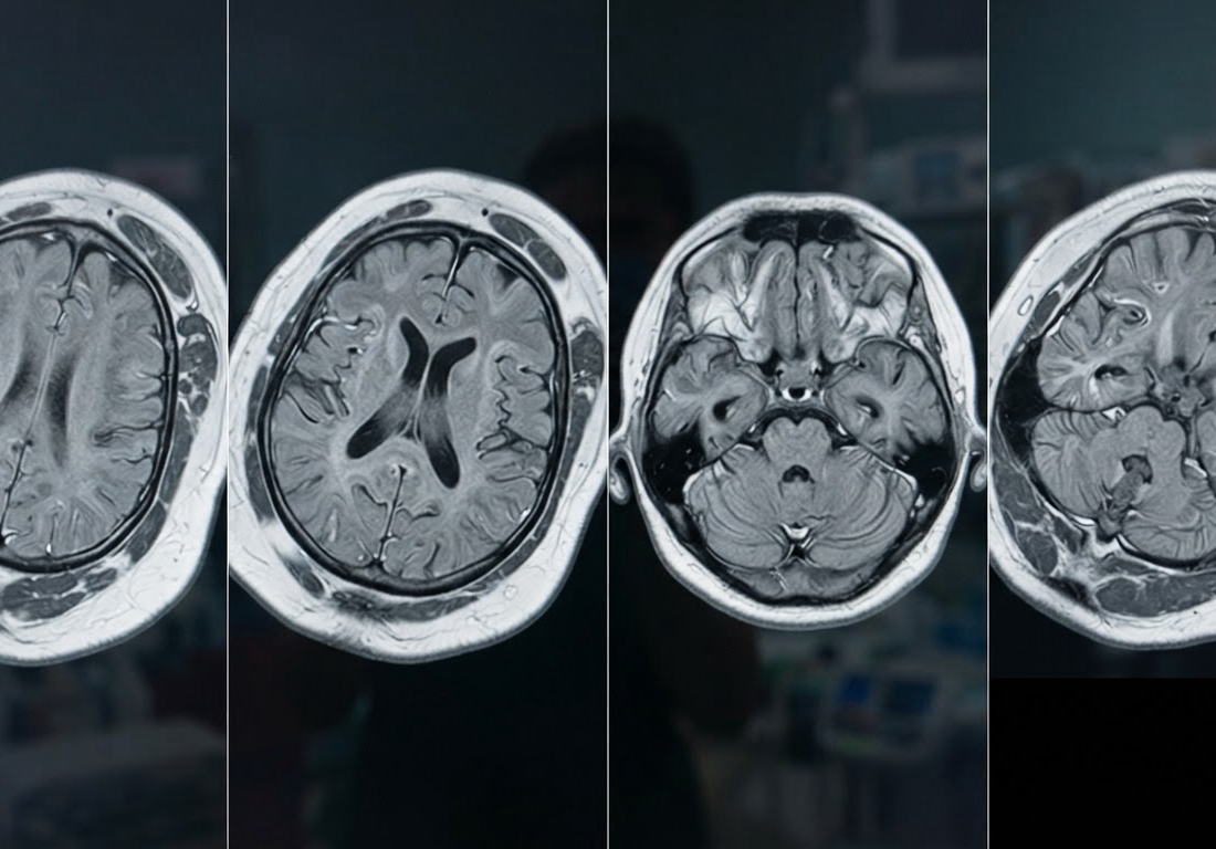Fatias de ressonância magnética do cérebro fetal dispostas lado a lado, com a cabeça do feto em ângulos diferentes de um corte para o outro