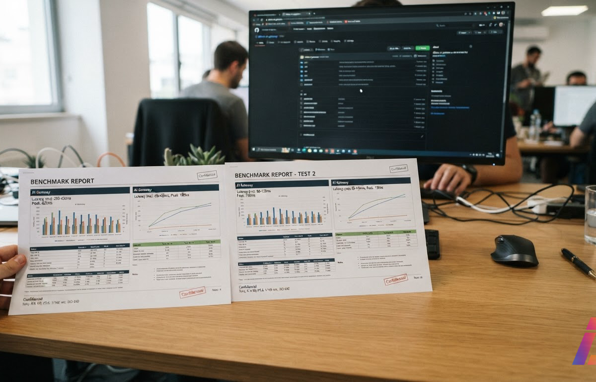 Duas folhas de relatório de benchmark sobre uma mesa de escritório, com valores de latência divergentes, e um monitor ao fundo exibindo o repositório Bifrost