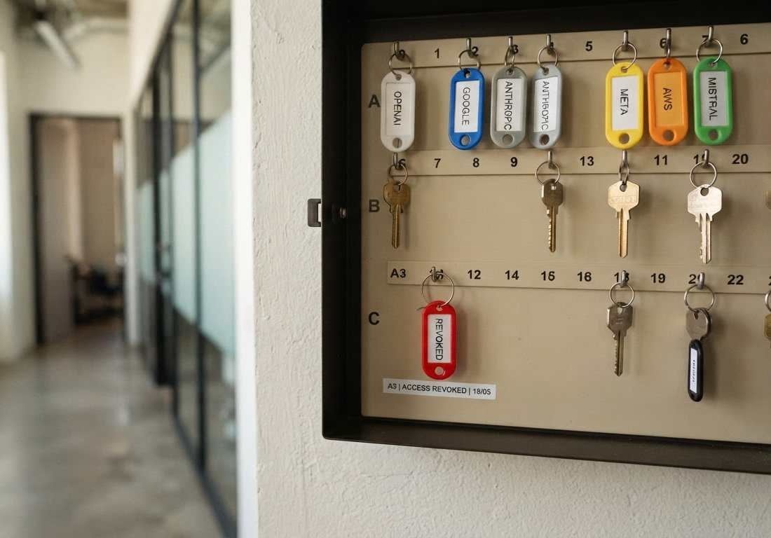 Chaves etiquetadas penduradas em quadro de controle de acesso corporativo, com uma etiqueta marcada como revogada e luz lateral clara, espaço livre no canto inferior direito