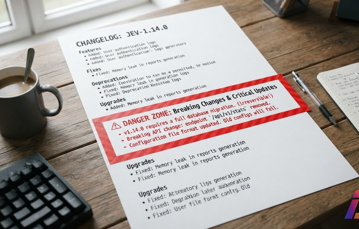 Página impressa do changelog do jev-1.14.0 sobre mesa de trabalho, com a seção danger zone destacada por faixa vermelha de aviso e luz natural lateral suave