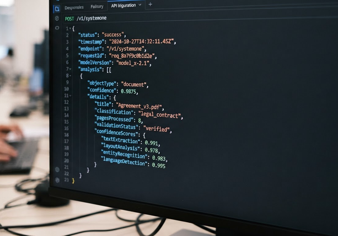 Tela de aplicativo exibindo resposta estruturada de um endpoint com campos tipados e probabilidades, consumida diretamente pelo software em execução