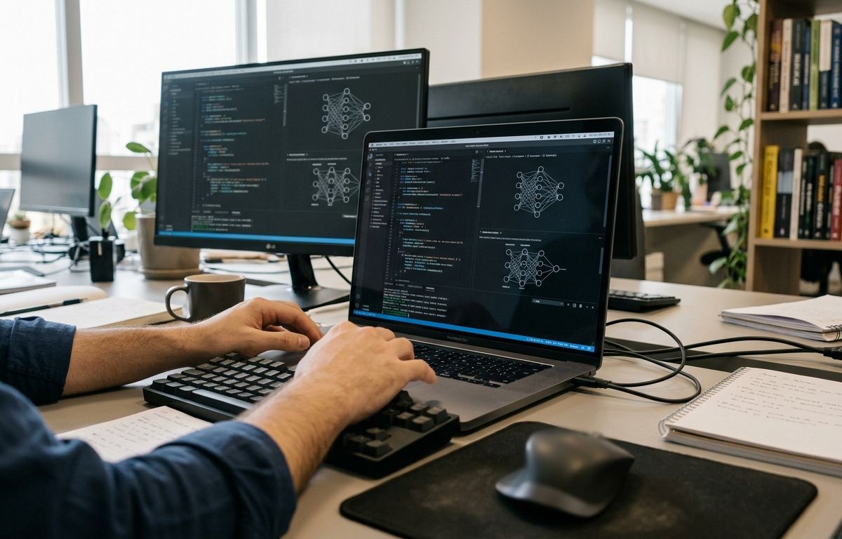 Monitor em mesa de escritório iluminada por luz natural exibindo diagramas conceituais de redes neurais e trechos desfocados de programação.