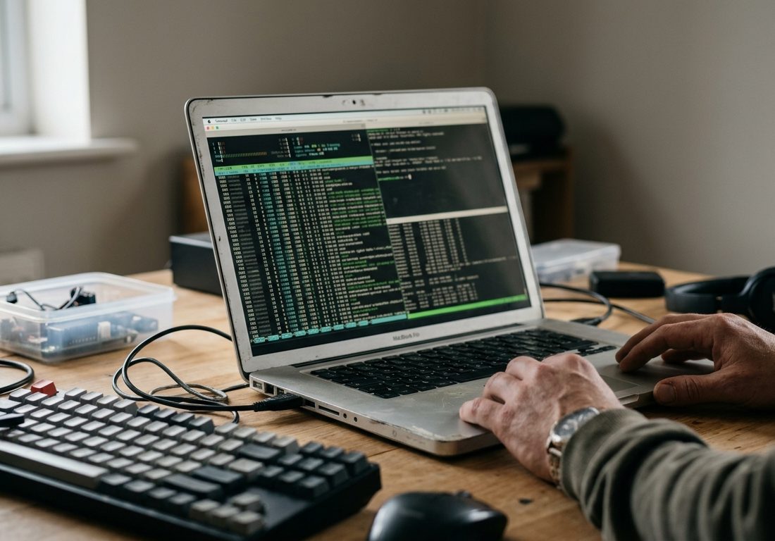 Notebook aberto sobre bancada de madeira clara exibindo tela com linhas de código e parâmetros de programação desfocados sob iluminação natural.