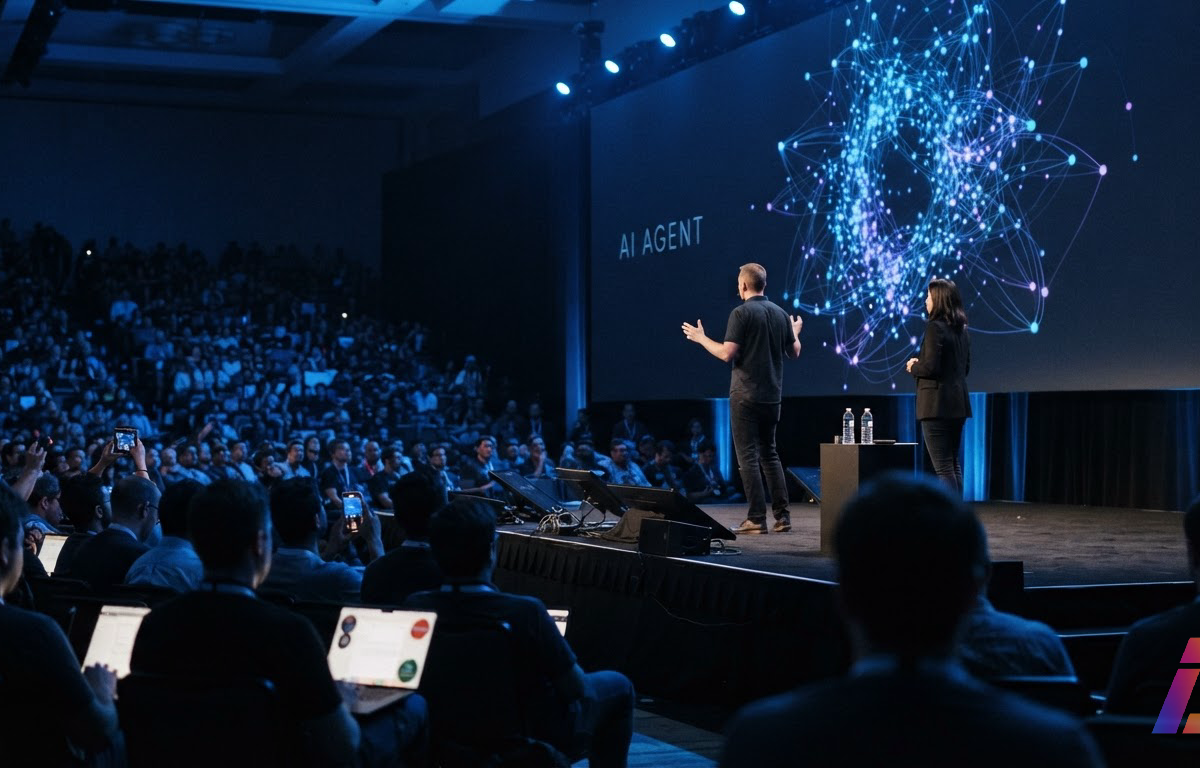 Palco da DevDay em San Francisco sob iluminação azul durante apresentação do agente Dots a uma plateia de desenvolvedores