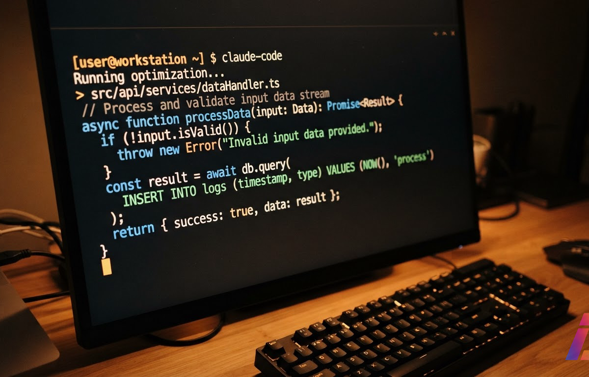 Close-up de um terminal de código escuro com a interface de texto do Claude Code acesa, cursor piscando e teclado de desenvolvedor desfocado ao fundo sob luz âmbar