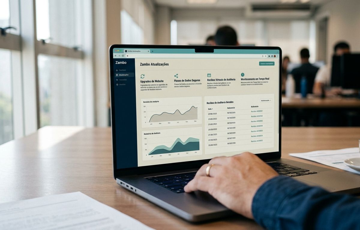Computador moderno com tela ligada exibindo interfaces de auditoria digital em uma mesa de trabalho iluminada por luz natural suave.
