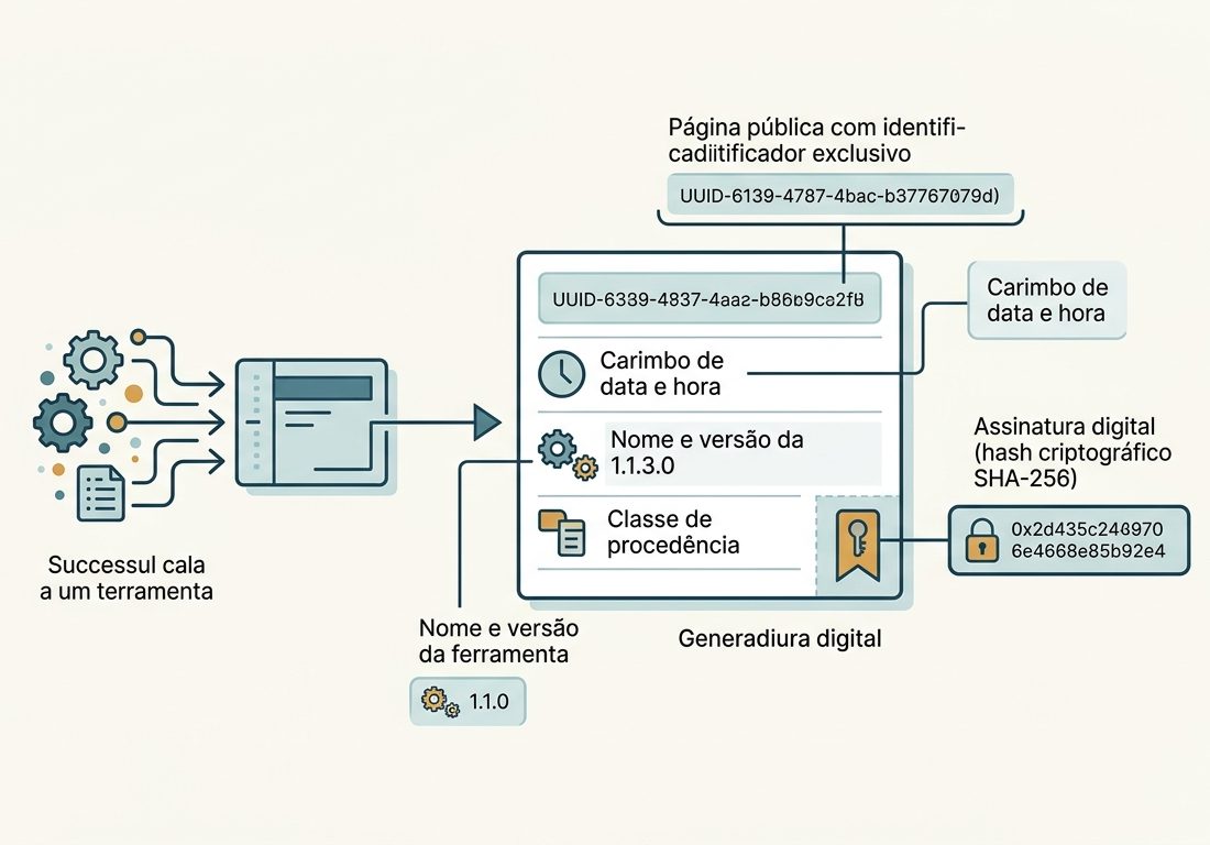 Diagrama esquemático linear sobre fundo claro ilustrando o fluxo de processamento de dados digitais, conectando blocos geométricos em azul-petróleo e âmbar até a consolidação de um documento com assinatura criptográfica simbólica.