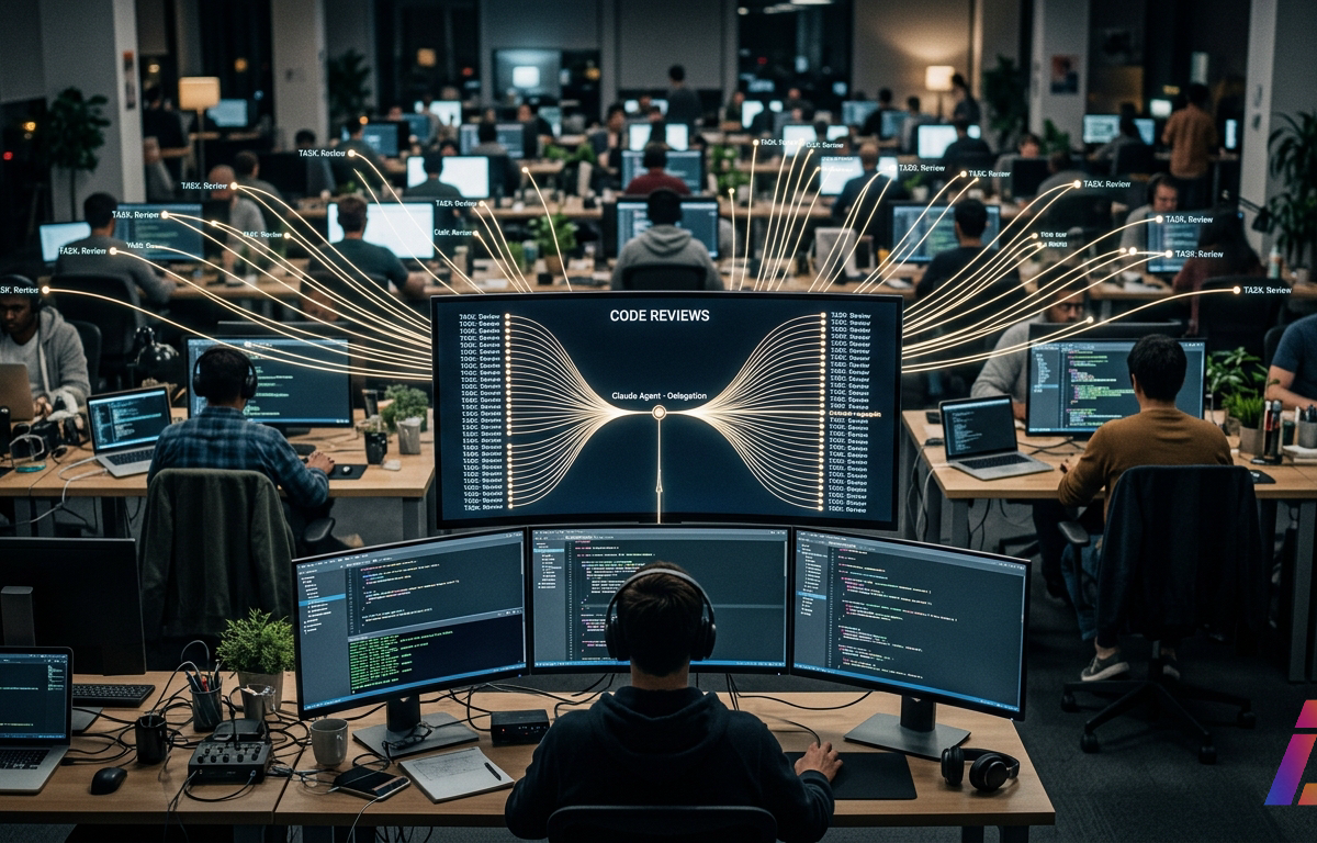 Fotografia editorial em 16:9 de um laptop sobre mesa de escritório moderno, cuja tela exibe um fluxo de trabalho ramificado: um nó central se conecta a centenas de linhas paralelas de pequenos cartões de tarefas de revisão de código, que co