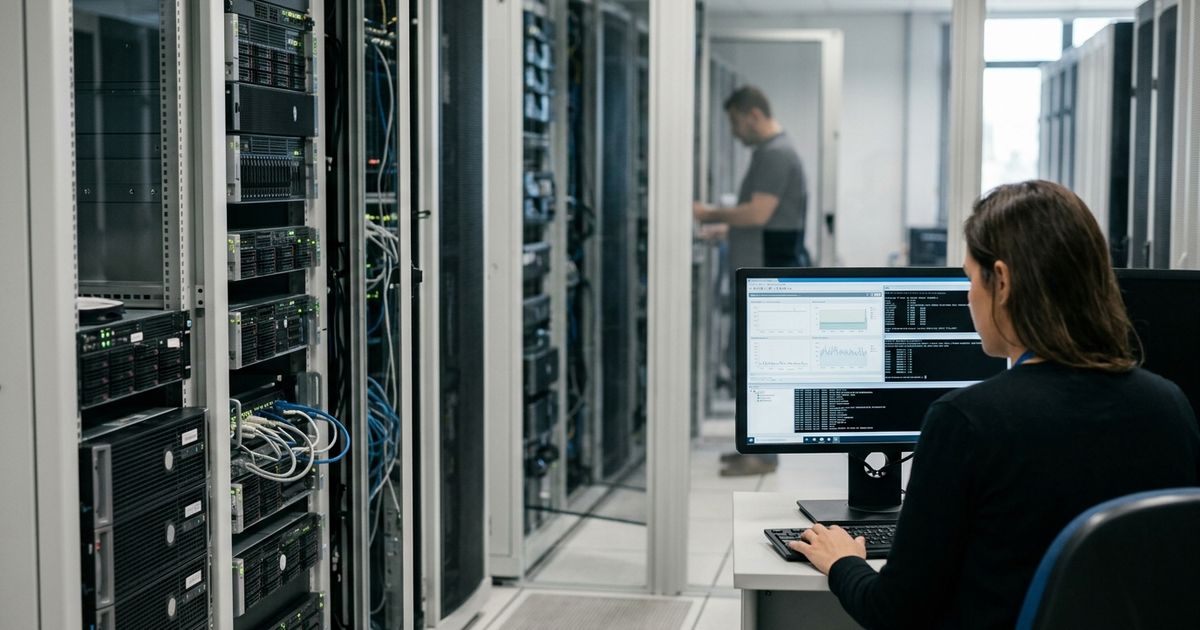 Racks de servidores com luzes indicadoras acesas e telas de monitoramento exibindo fluxos de rede desfocados em uma sala de tecnologia da informação.