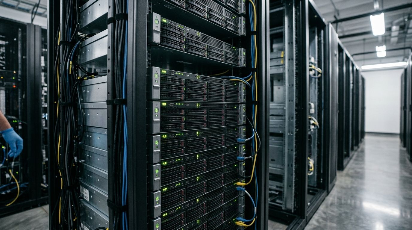 Fileira de servidores montados em rack dentro de um data center com iluminação ambiente clara e pequenos indicadores luminosos acesos nos módulos.