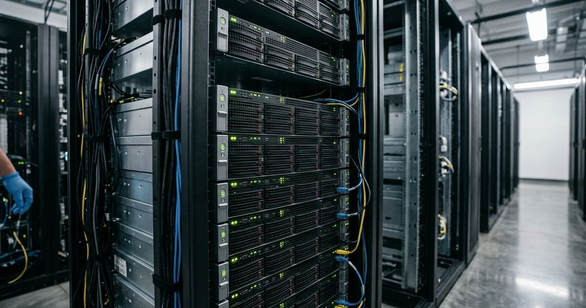 Fileira de servidores montados em rack dentro de um data center com iluminação ambiente clara e pequenos indicadores luminosos acesos nos módulos.