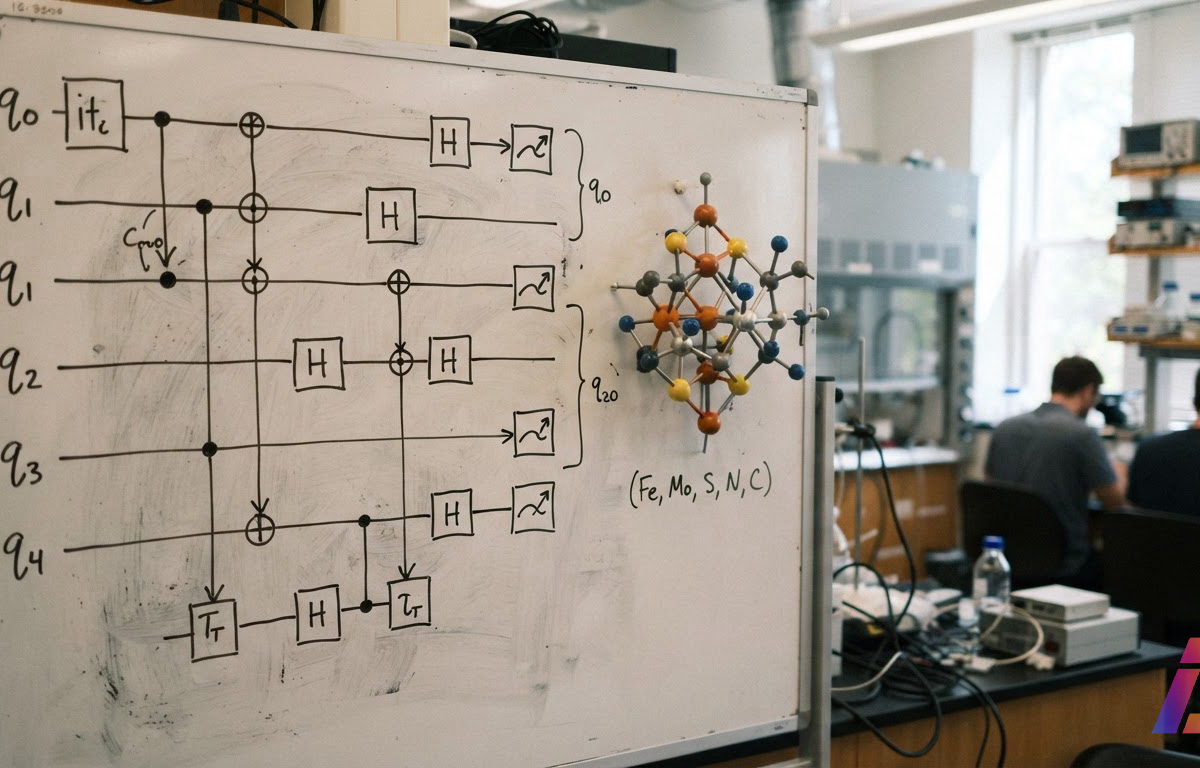 Quadro branco de laboratório com diagrama de circuito quântico desenhado à mão, com linhas horizontais e portas lógicas, ao lado de um modelo molecular de esferas e hastes iluminado por luz lateral