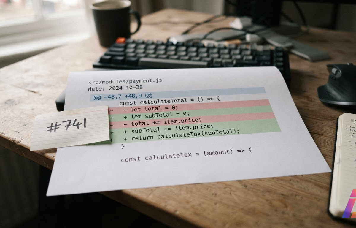 Primeiro plano de um diff de código impresso com linhas adicionadas destacadas em verde, ao lado de um cartão numerado de issue, sob luz neutra de mesa de trabalho, com espaço livre no canto inferior direito.