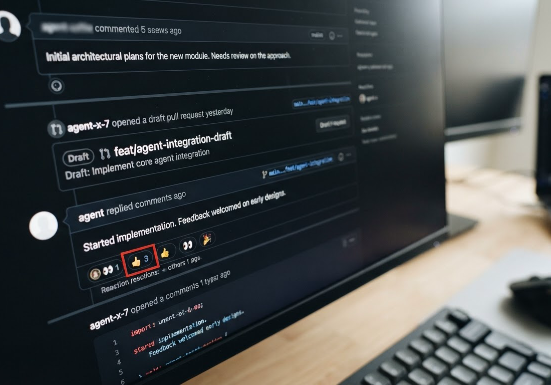 Close-up de uma conversa de issue no GitHub com reação de emoji de olhos e um pull request em rascunho recém-aberto, em tela fotográfica realista 16:9, com canto inferior direito livre.