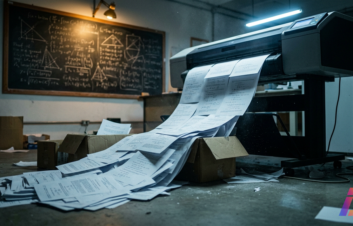 Fotografia editorial noturna de uma sala de impressão industrial: impressora a laser de grande formato despeja folhas contínuas que caem sobre caixas de papelão transbordando no piso de concreto, com um quadro negro coberto de cálculos à gi
