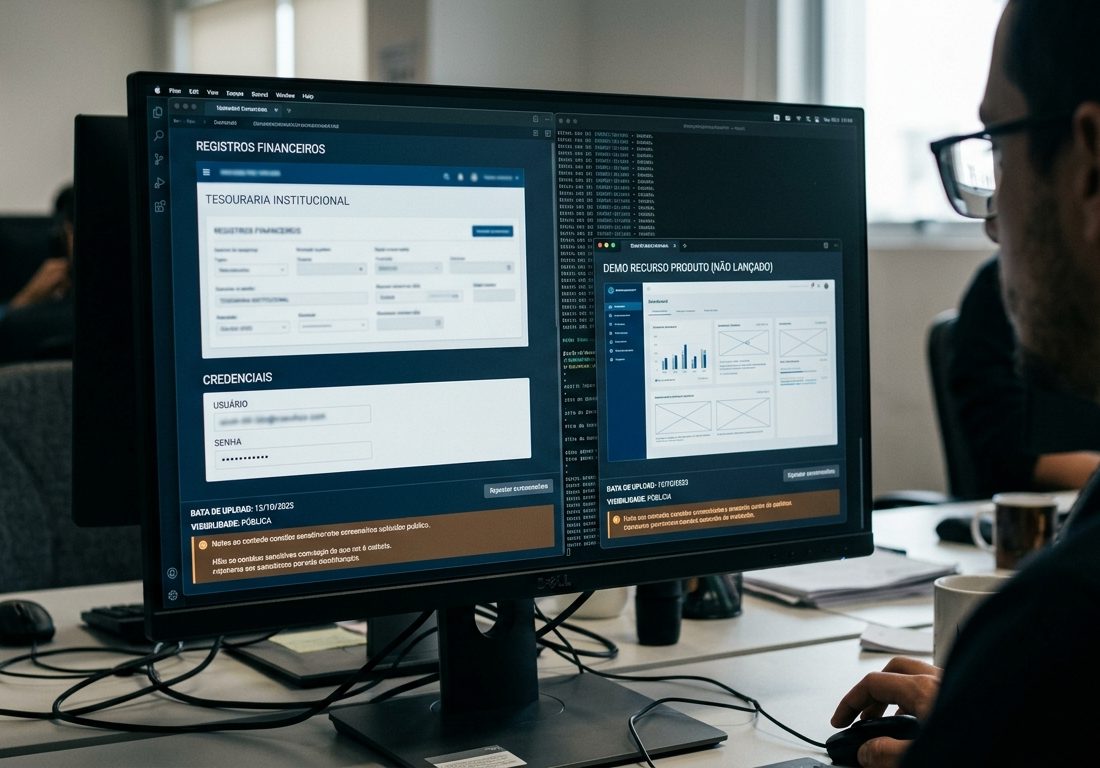 Visão aproximada de monitor de computador em ambiente corporativo, exibindo janelas sobrepostas de desenvolvimento de software e painéis de dados com textos e números desfocados sob iluminação natural de escritório.