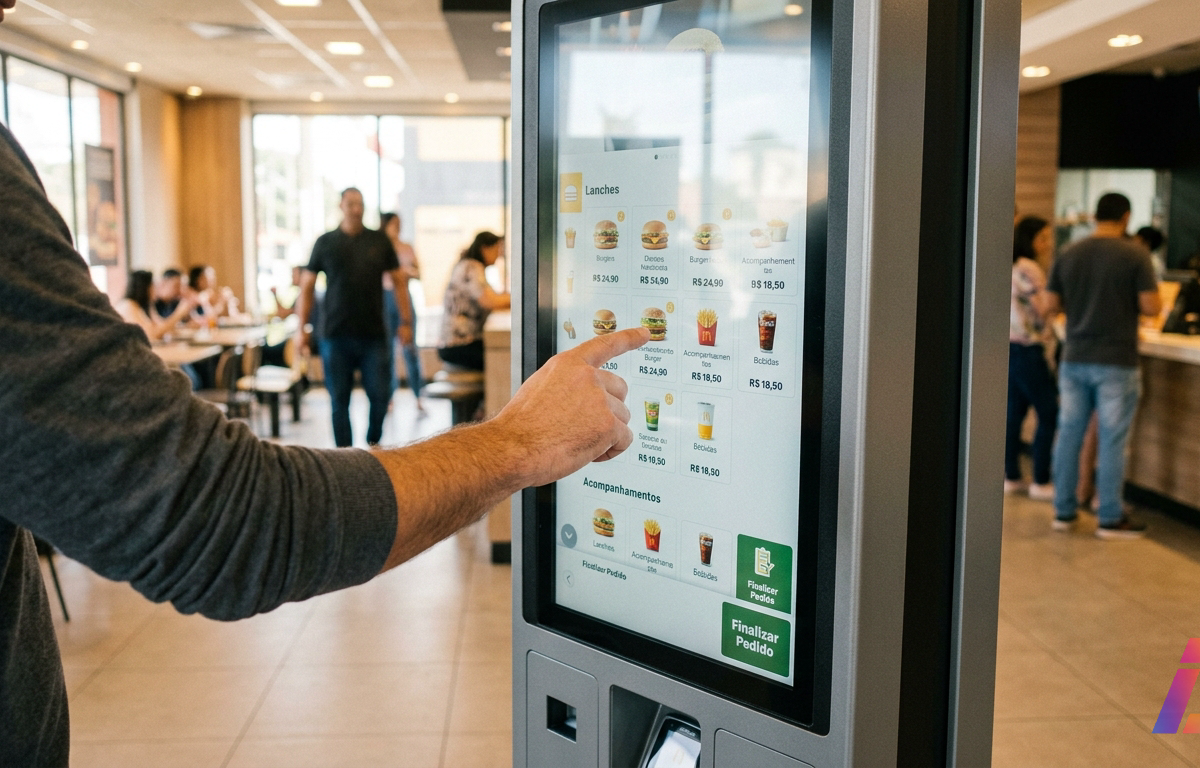 Mão de cliente tocando a interface iluminada de um terminal de autoatendimento em restaurante de fast-food, com menu digital em primeiro plano e salão desfocado ao fundo