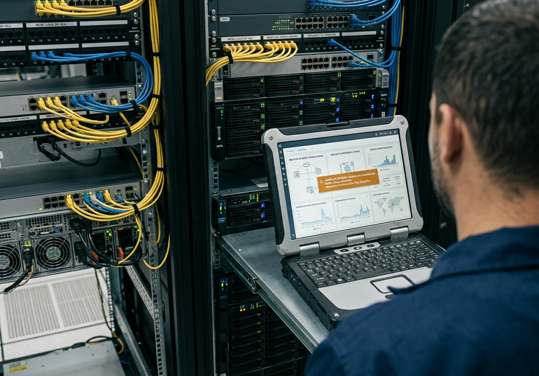 Servidores em rack de centro de dados com cabeamento estruturado e luzes indicadoras de atividade em tons discretos de âmbar e azul.