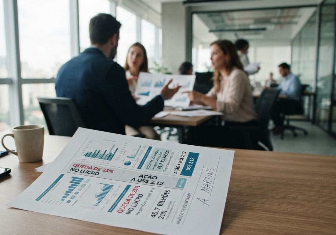 Documentos impressos com gráficos financeiros em queda sobre uma mesa de escritório, com analistas desfocados debatendo ao fundo sob luz natural.