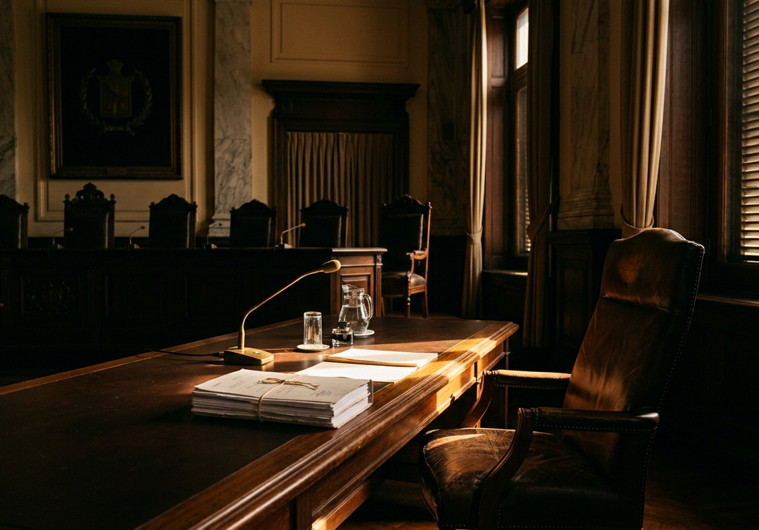 Sala de audiências governamental vazia no fim da tarde, com mesa longa de mogno repleta de microfones e copos de água intactos; uma cadeira de couro afastada em diagonal e um maço fechado de documentos são recortados por um facho horizontal