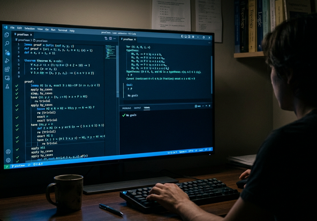 Códigos de uma prova matemática em azul e verde dentro do assistente Lean, exibidos passo a passo em um monitor sob luz fria, indicando verificação mecânica dos passos, em fotografia realista sem rostos identificáveis.