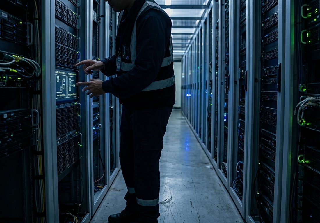 Corredor de data center moderno com fileiras de racks de servidores e cabos estruturados sob iluminação técnica em tons de azul e verde.