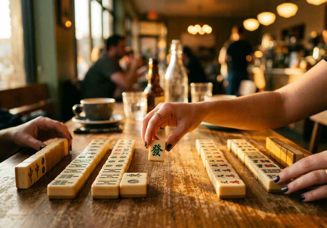 Mãos de uma pessoa organizam peças de mahjong em pequenos grupos ordenados sobre uma mesa de madeira em uma cafeteria iluminada pela luz âmbar do fim de tarde, com uma peça suspensa a caminho do conjunto correto e xícaras desfocadas ao fund